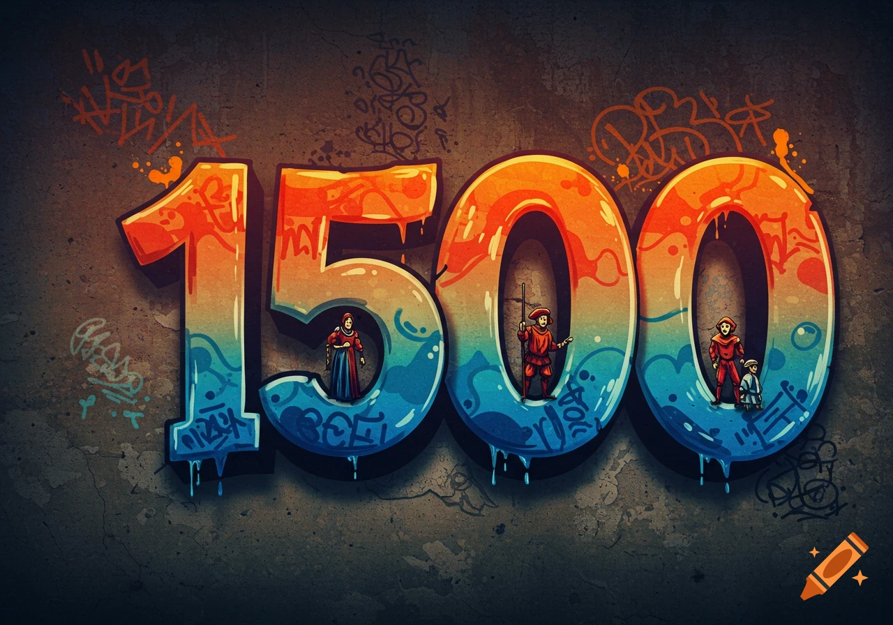 The number 1500 rendered in vibrant, detailed graffiti style with small historical figures standing on the numbers against a textured wall.