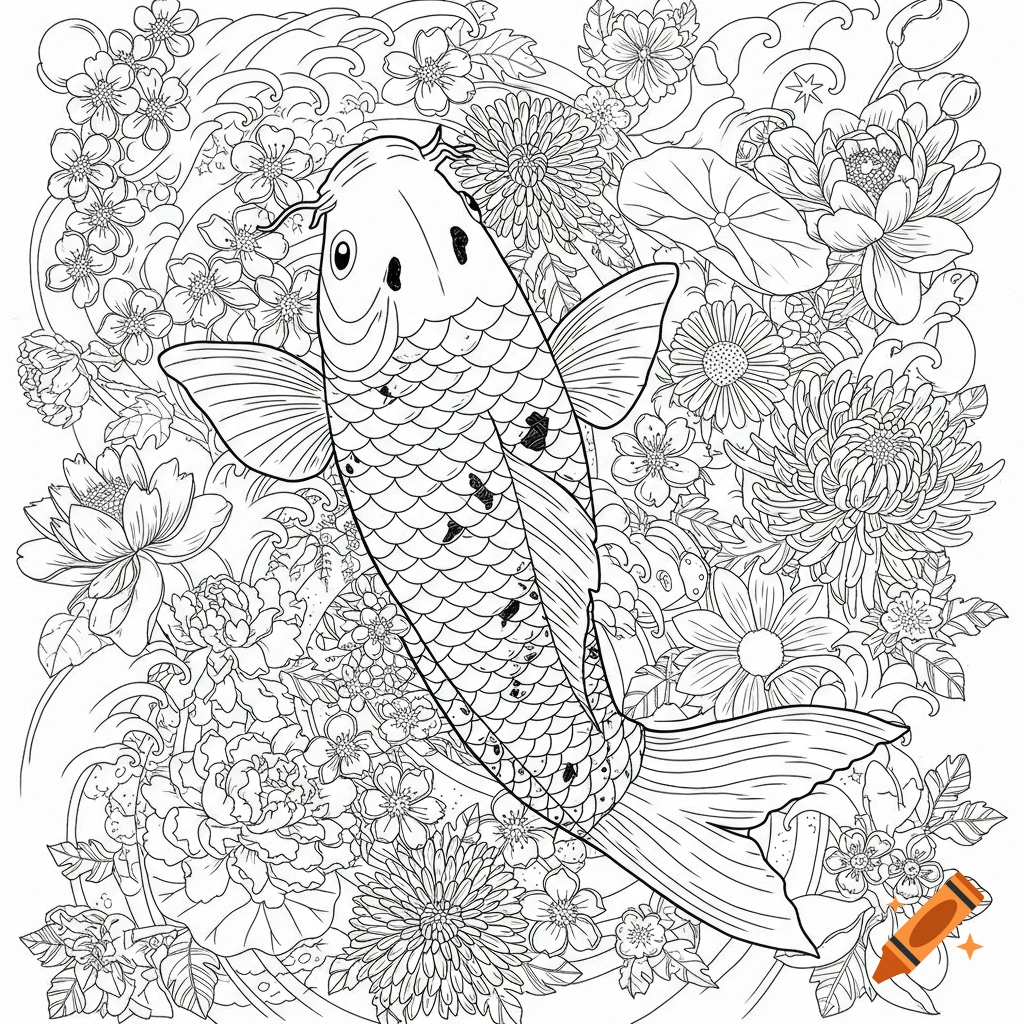 Detailed line art of a koi fish surrounded by traditional Japanese flowers, suitable for coloring.