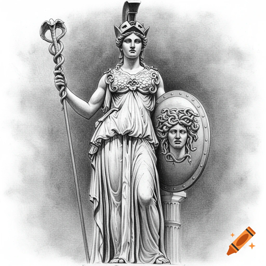 Black and white sketch of a standing statue of Athena holding a staff and a shield depicting Medusa's head.