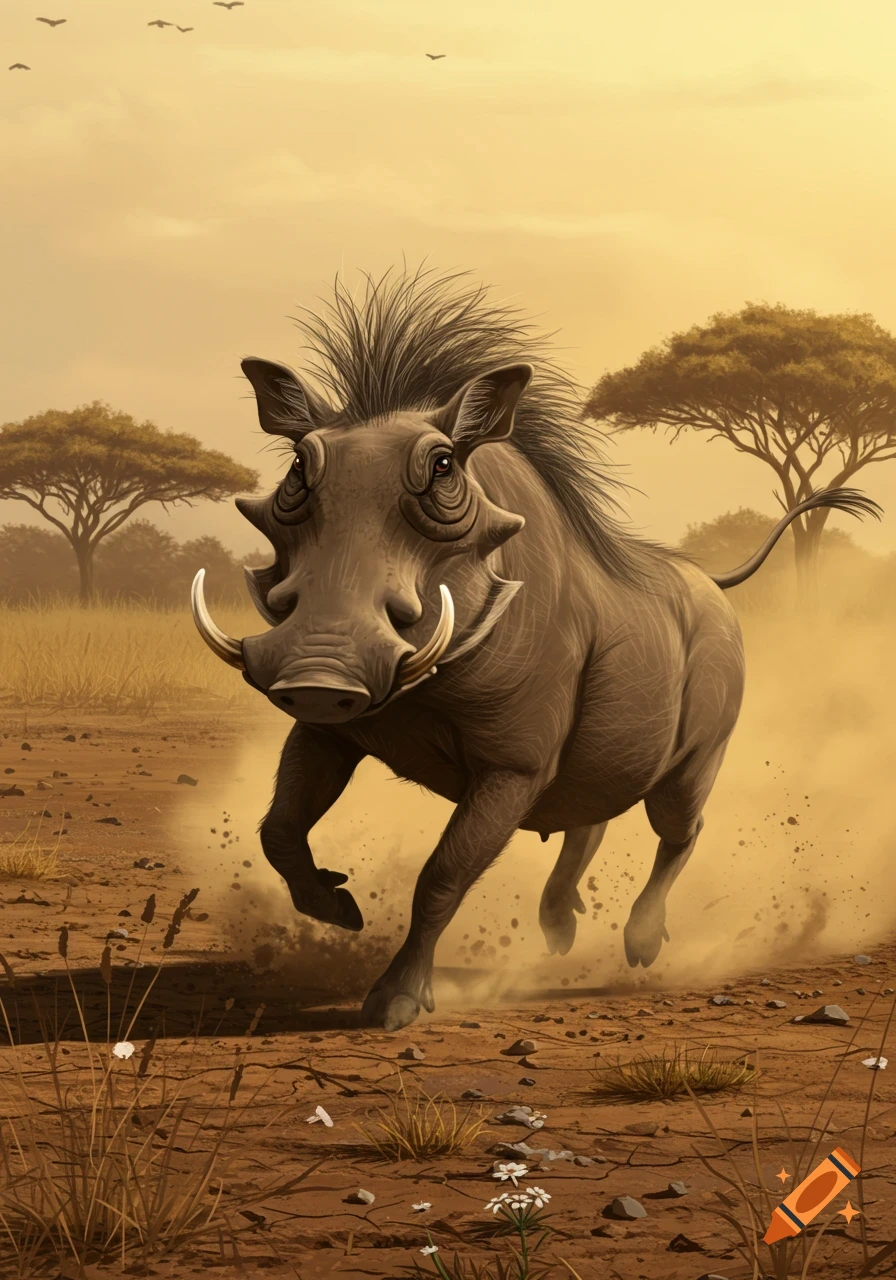 An illustrated warthog runs through a dusty savanna, kicking up dirt, with acacia trees and birds in the background.