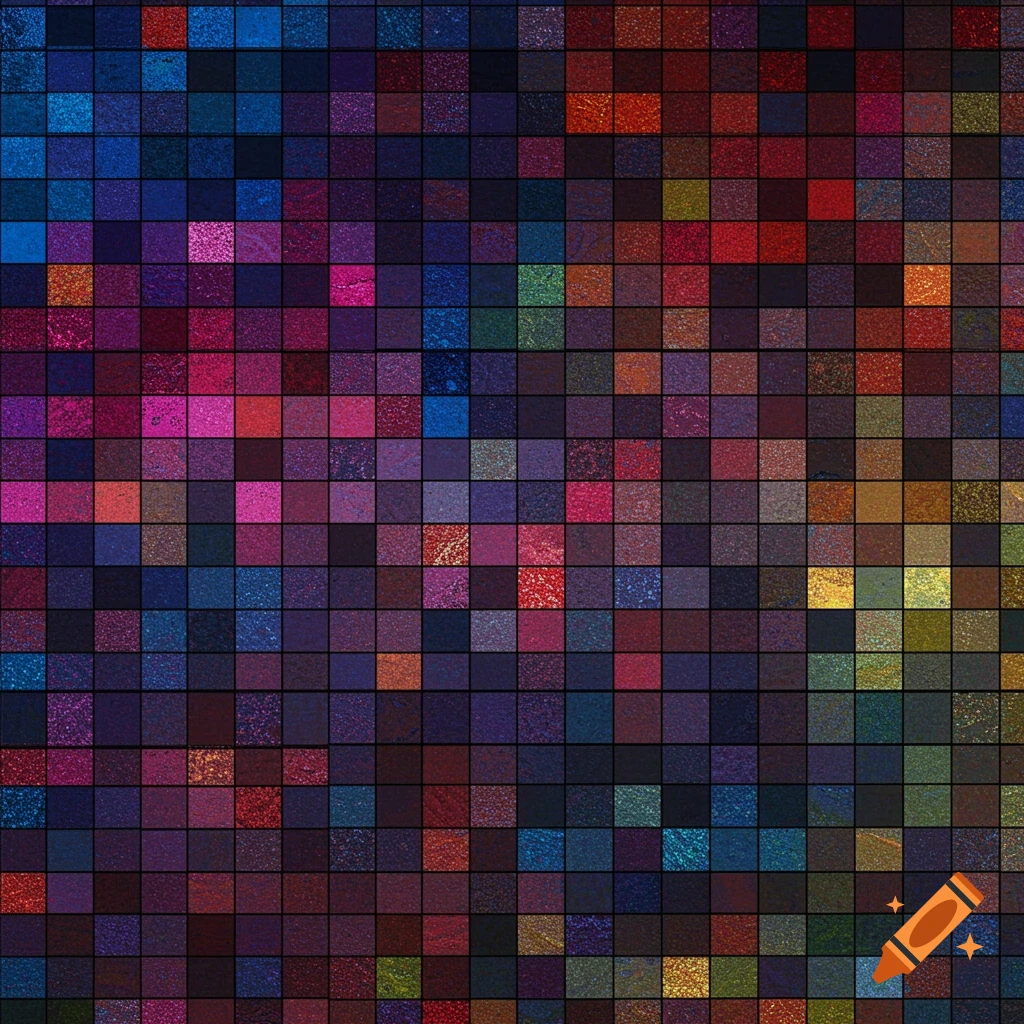 Abstract grid pattern of colorful, textured squares.