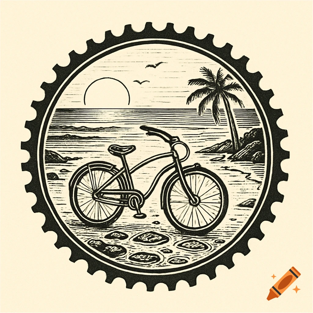 A black and white vintage logo design featuring a beach scene with a beach cruiser bicycle in the foreground, all framed by a bike cog.
