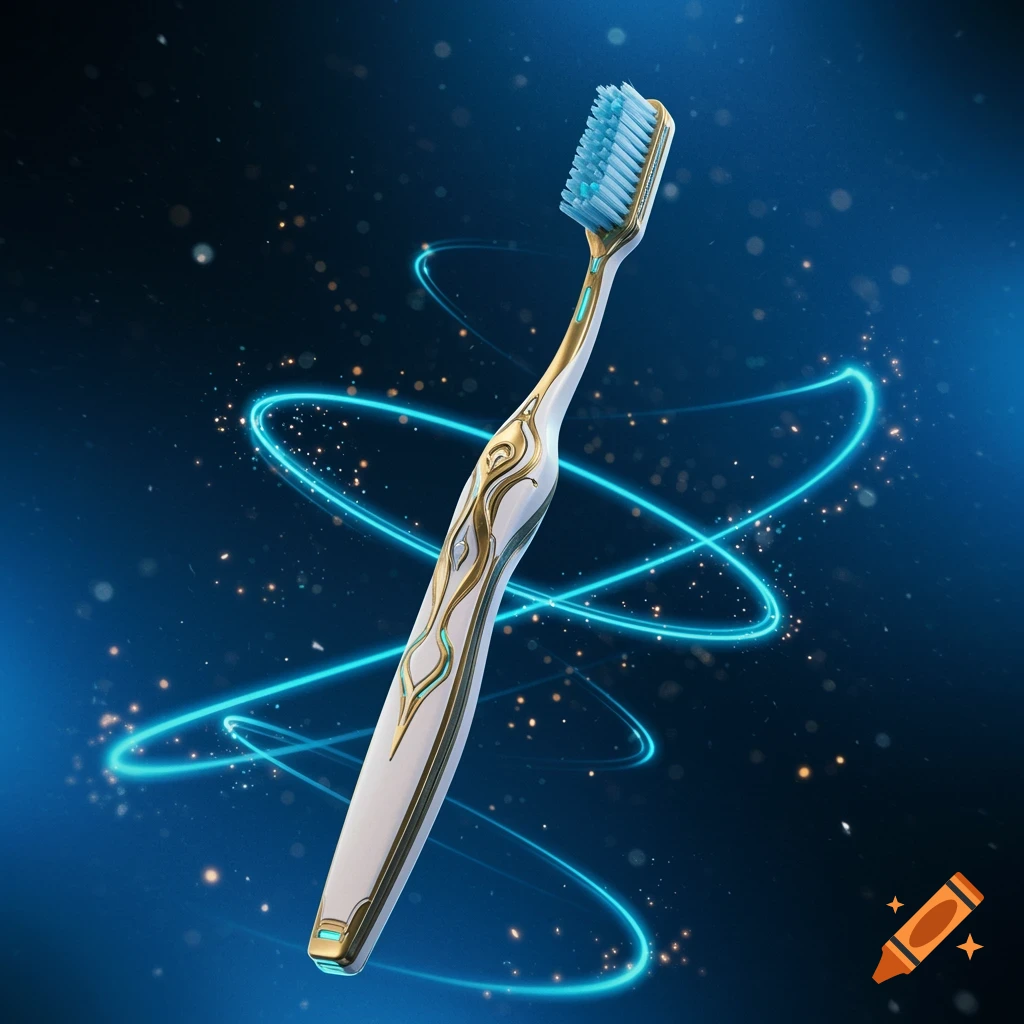 A futuristic, ornate toothbrush with a white, gold, and teal handle and blue bristles, surrounded by glowing blue lines on a dark background.