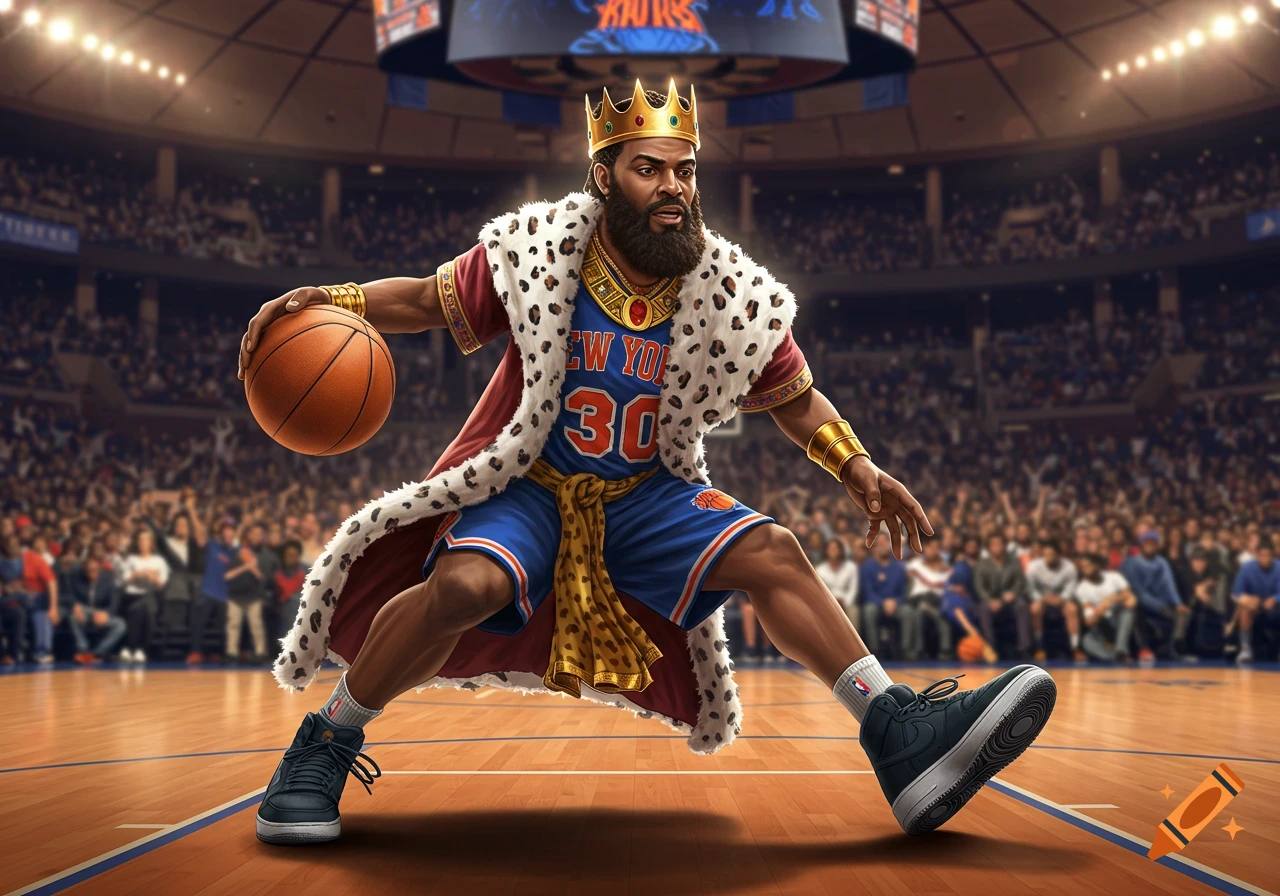 A majestic king in a crown and leopard-print robe dribbles a basketball in a stadium, wearing a blue and orange jersey with "NEW YORK 30" and black sneakers.