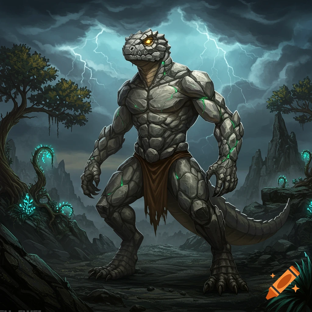 A powerful, muscular rock lizardman stands in a stormy, mystical landscape with glowing plants and lightning.