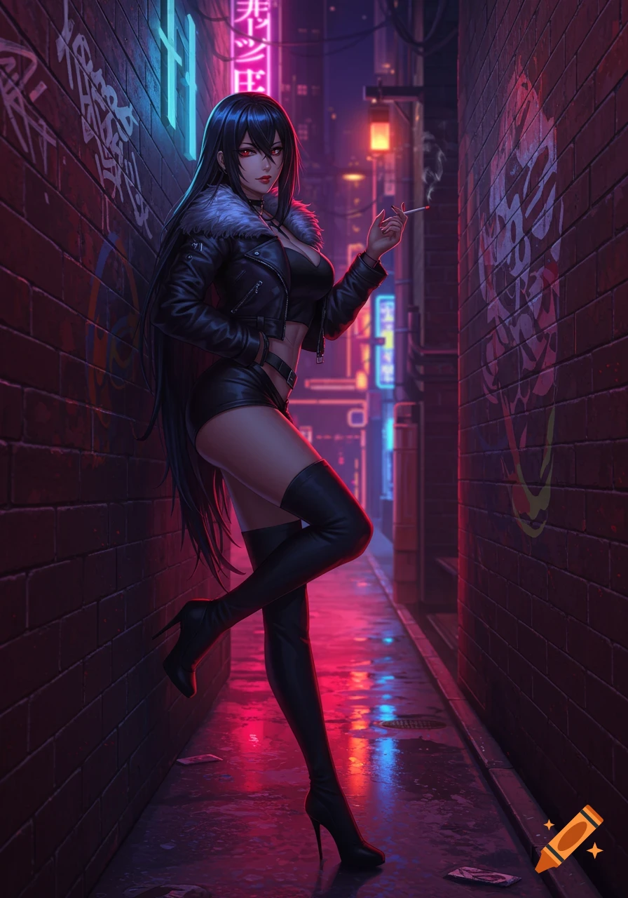Anime woman with long black hair and red eyes in a leather jacket and high boots, smoking in a neon-lit cyberpunk alley.