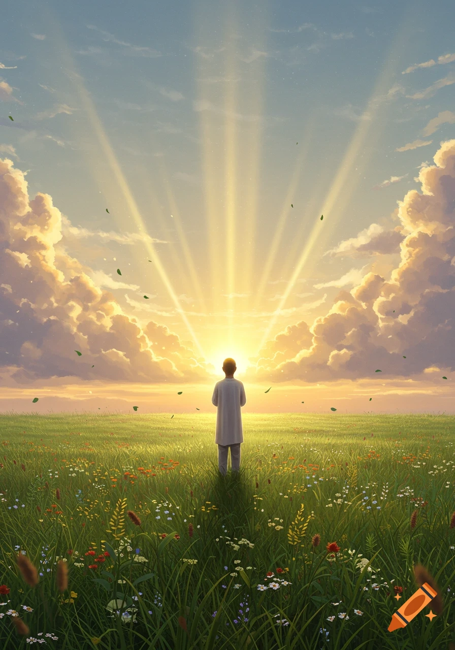 A lone person stands in a vibrant green field filled with flowers, facing brilliant sun rays emanating from a cloudy sky. Stylized illustration.