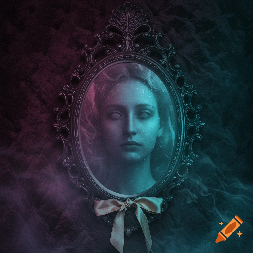 An ethereal woman's face with blank eyes appears within an ornate oval mirror frame, tied with a golden bow, against a dark, smoky wall lit by pink and teal light.