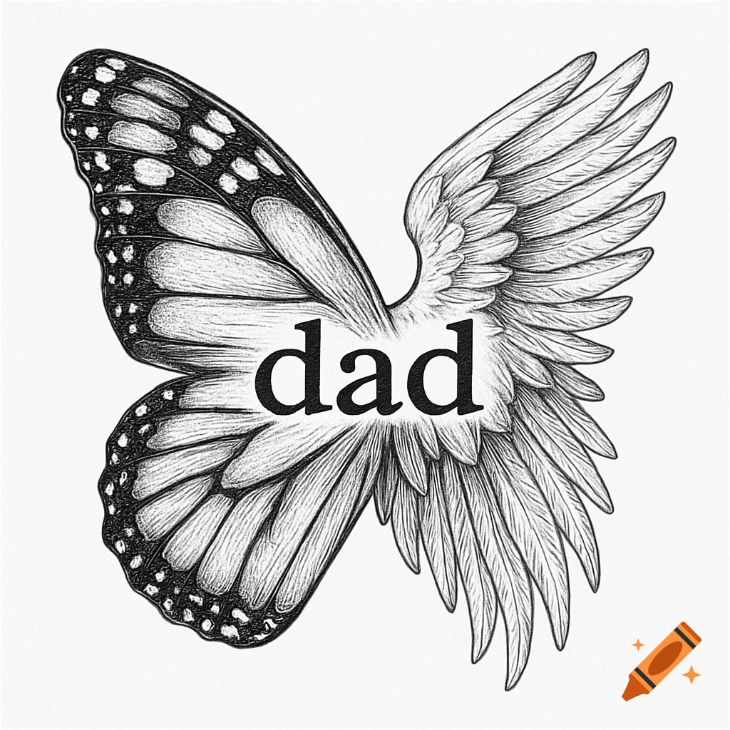 A black and white sketch featuring a butterfly wing on the left and an angel wing on the right, with the word "dad" written in the center.