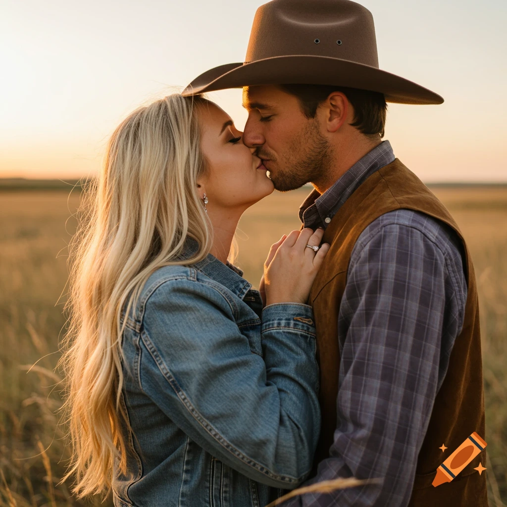 A blonde woman and a man in a cowboy hat kiss in a golden field at sunset.