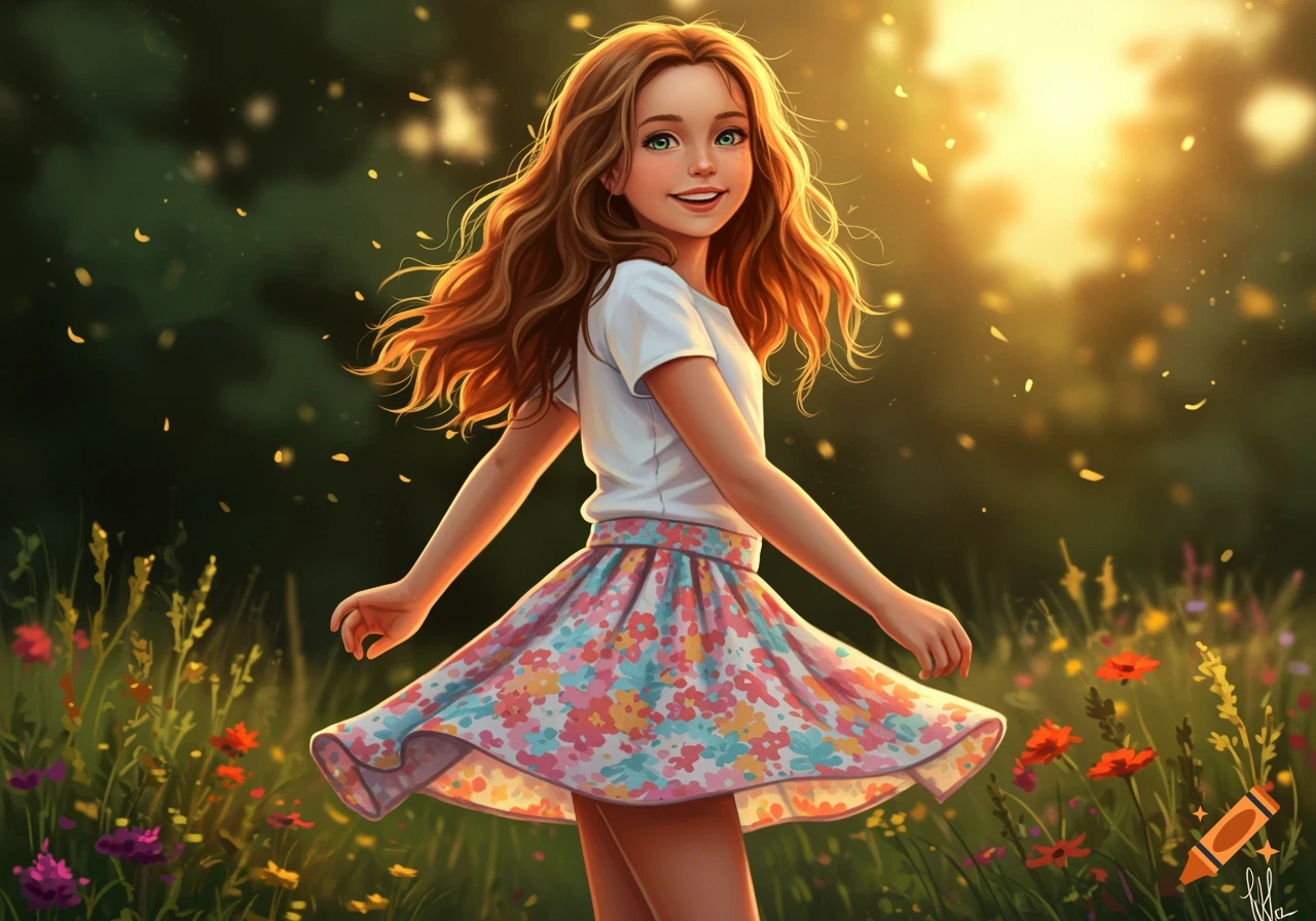 Smiling girl with long brown hair and green eyes, wearing a white shirt and floral skirt, in a vibrant sunlit field of flowers. Digital art.