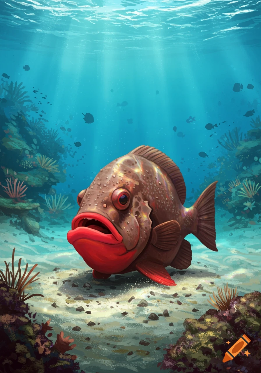 A brown, cartoonish red-lipped batfish sits on a sandy ocean floor with coral, light rays shining from above.