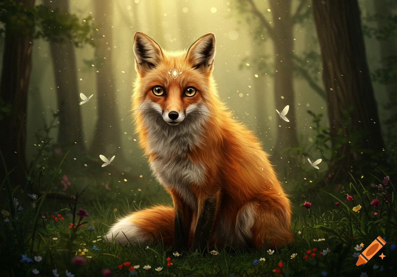 An orange fox with a mystical symbol on its forehead sits in a bright, sun-dappled forest with wildflowers and butterflies.