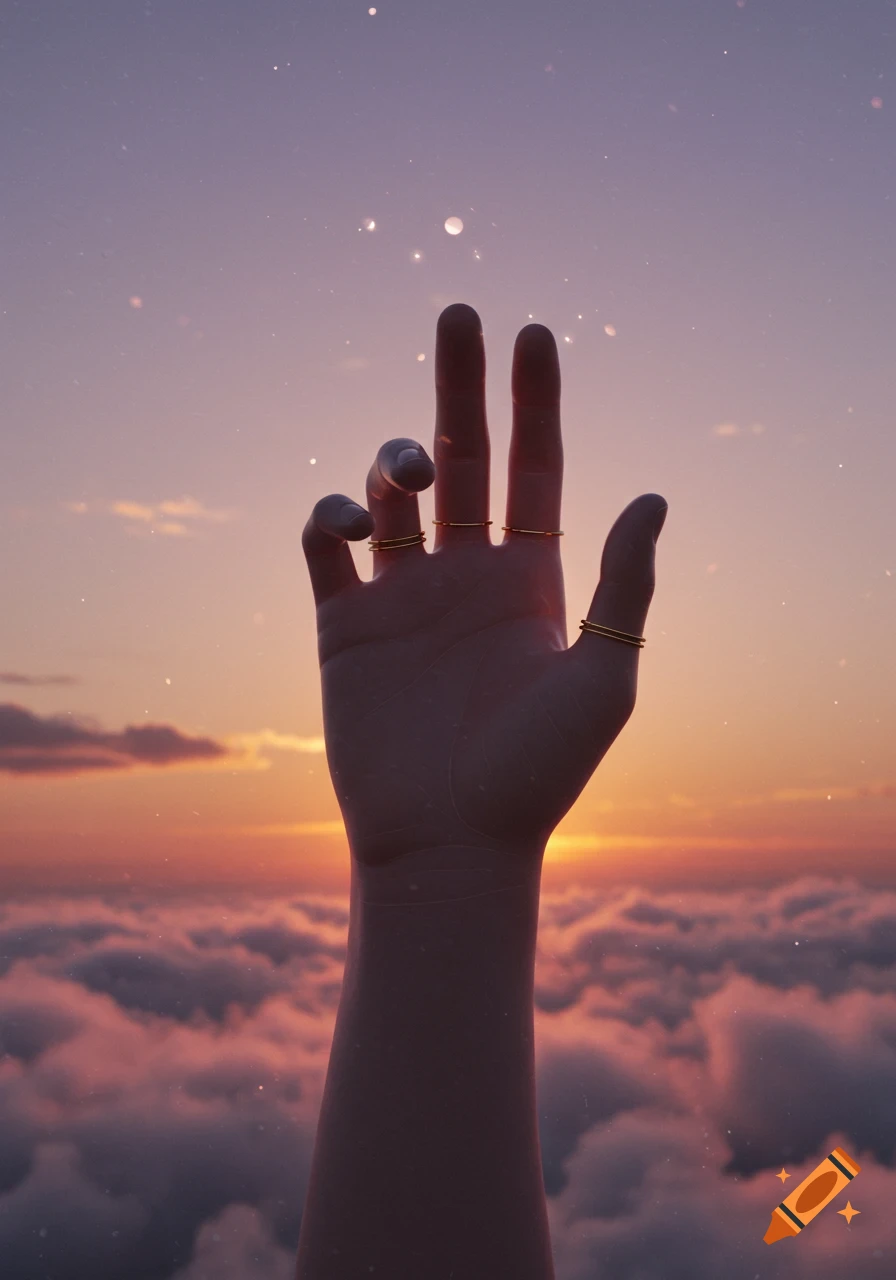 A hand adorned with rings reaches upward into a vibrant purple and orange sunset sky with clouds below.