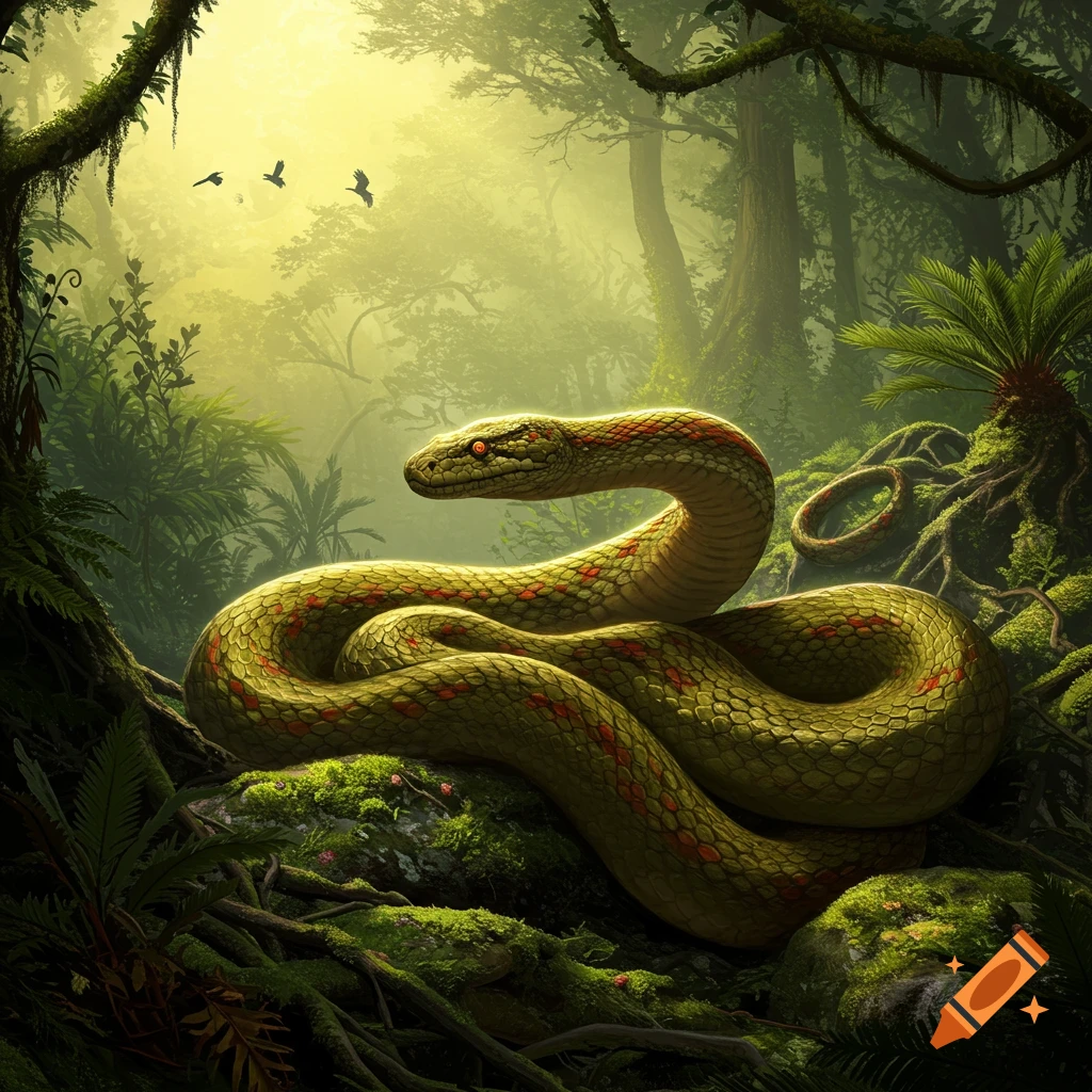 A massive, green and red patterned snake, possibly a Titanoboa, coiled on mossy rocks in a vibrant, sunlit jungle.