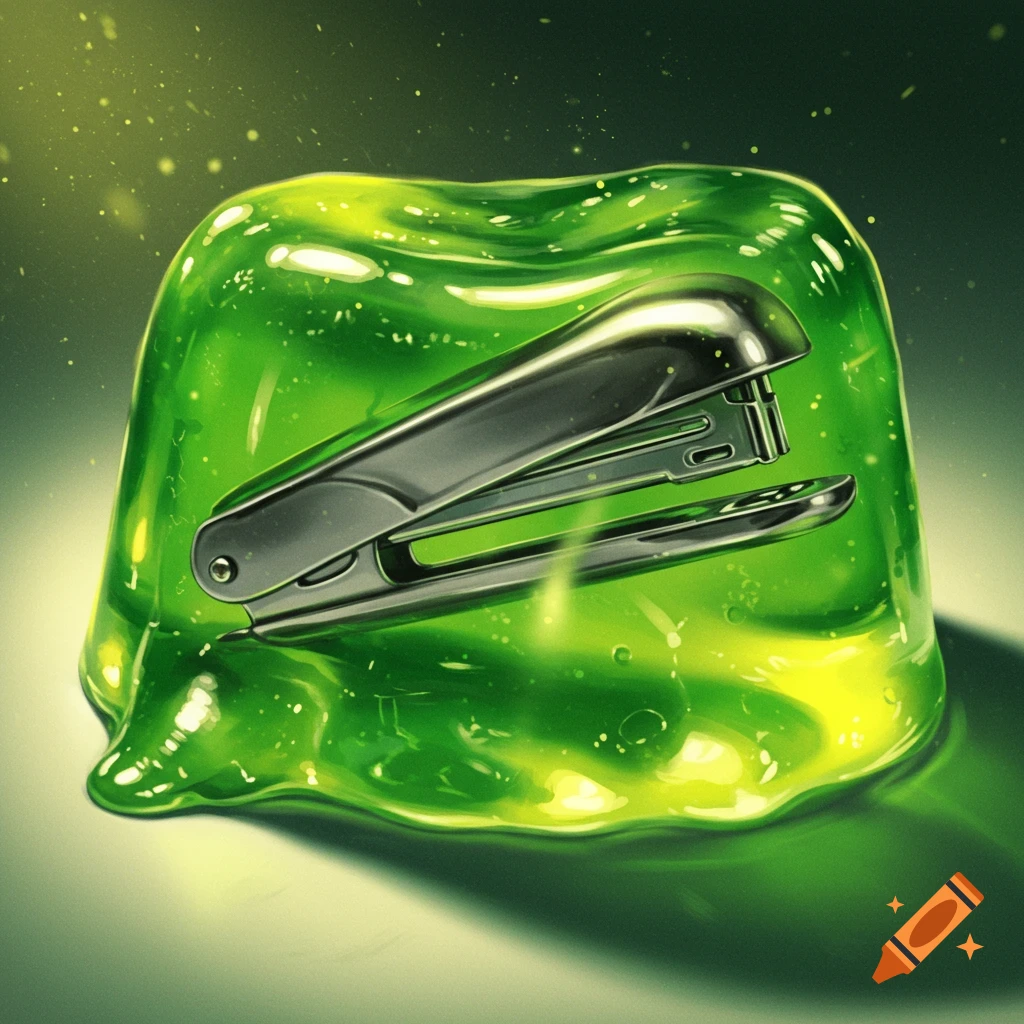 A metallic stapler is suspended within a translucent green jello blob, glowing in a detailed, surreal style.