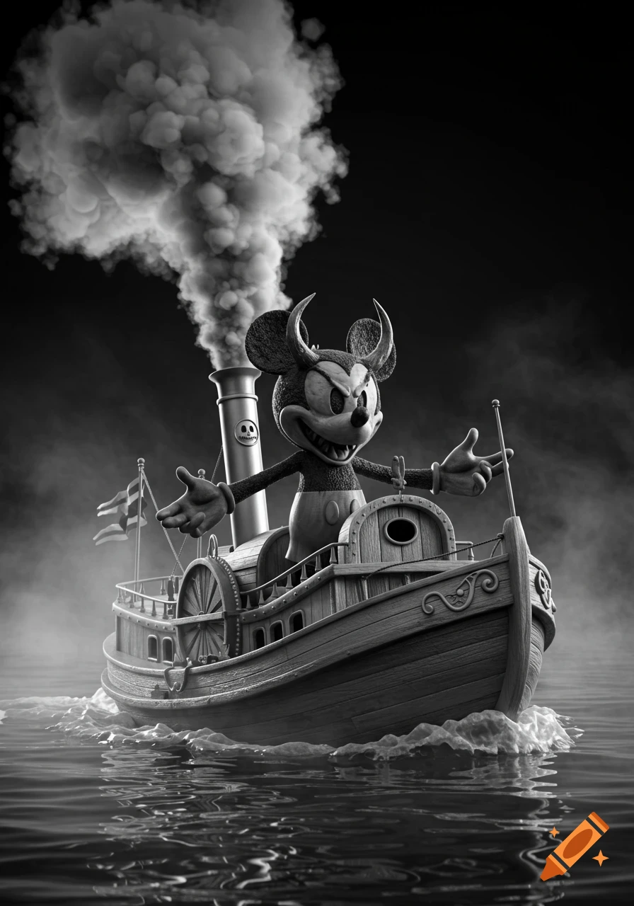 Demonic Mickey Mouse with horns and sharp teeth pilots a steamboat, billowing smoke, in a black and white 3D render.