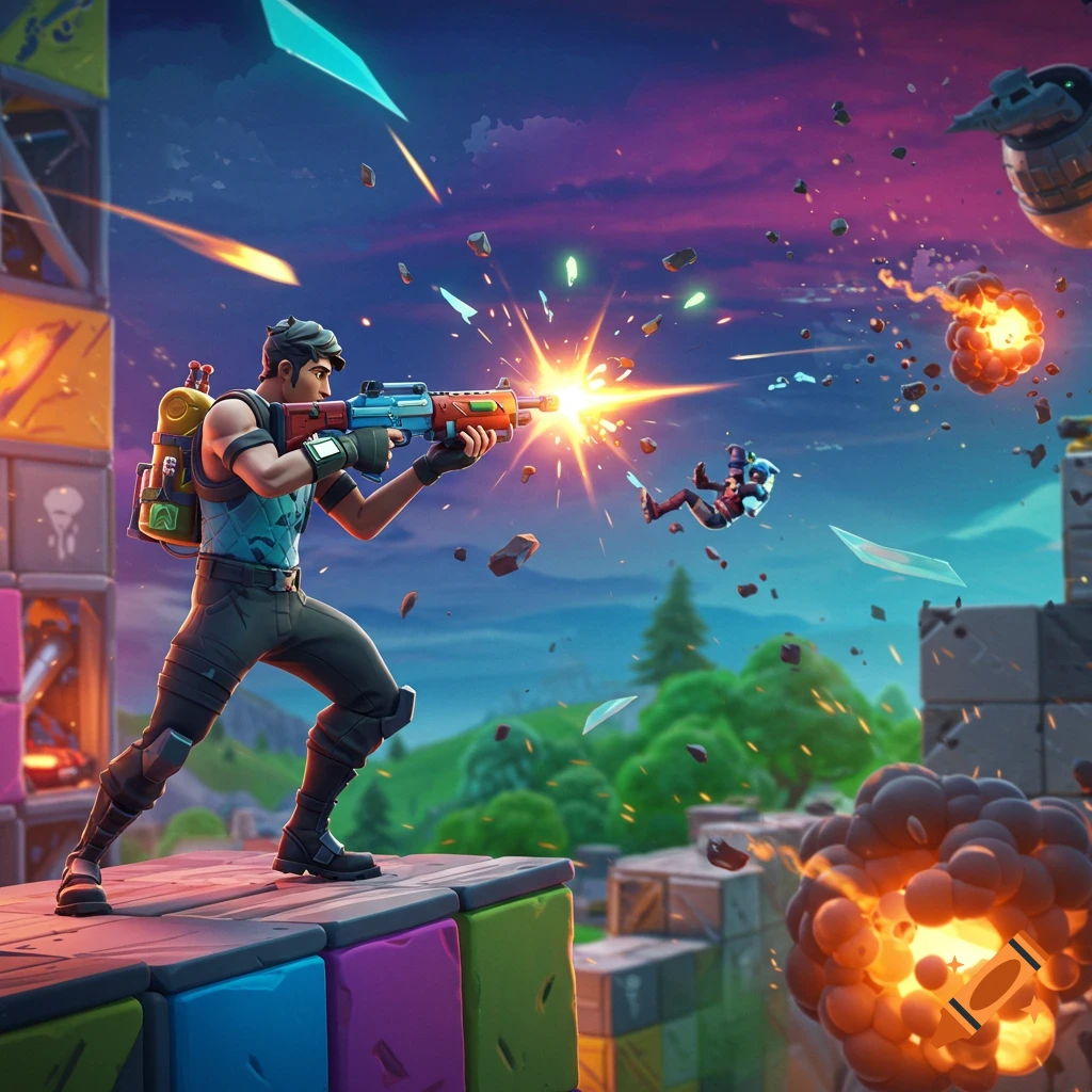A Fortnite player shoots a rifle on a colorful block structure, with explosions and debris flying in a vibrant landscape.