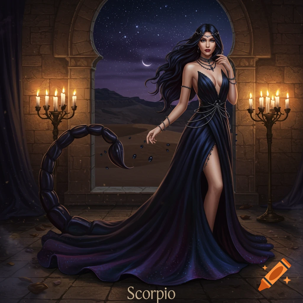 A fantasy illustration of a woman with a scorpion tail in a dark blue gown, standing by an archway overlooking a desert night sky.