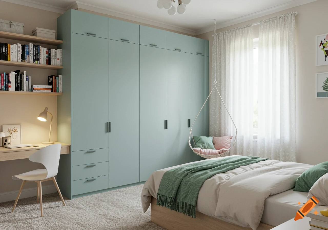 A modern bedroom with light green wardrobes, a light oak desk with a lamp, a white chair, shelves filled with books, a hanging chair, and a bed with green and pink pillows.