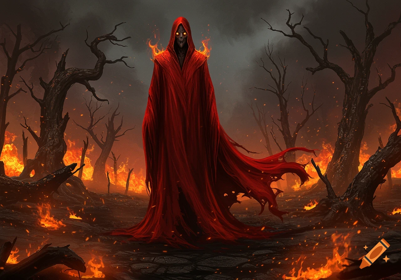 A skeletal figure in a long red robe with glowing eyes stands amidst a burning, desolate forest at dusk, surrounded by flames and smoke.