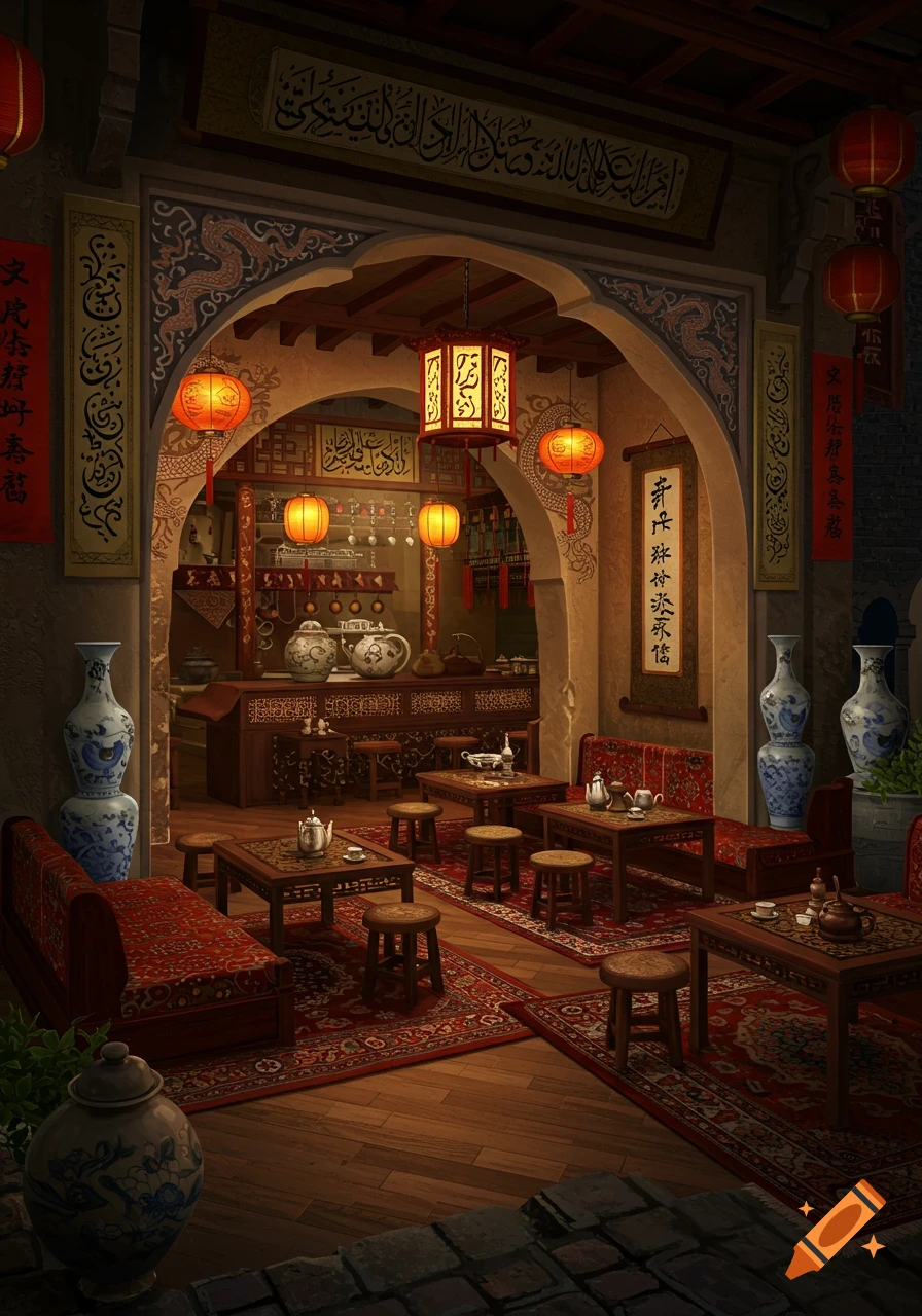 A richly decorated tea shop interior with arched doorways, patterned rugs, wooden tables, traditional seating, lanterns, and large ornate vases, blending Iraqi and Chinese styles.