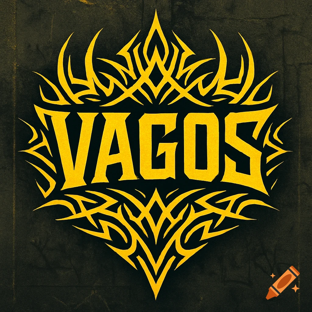 Stylized yellow logo with the word VAGOS surrounded by intricate tribal designs on a dark background.
