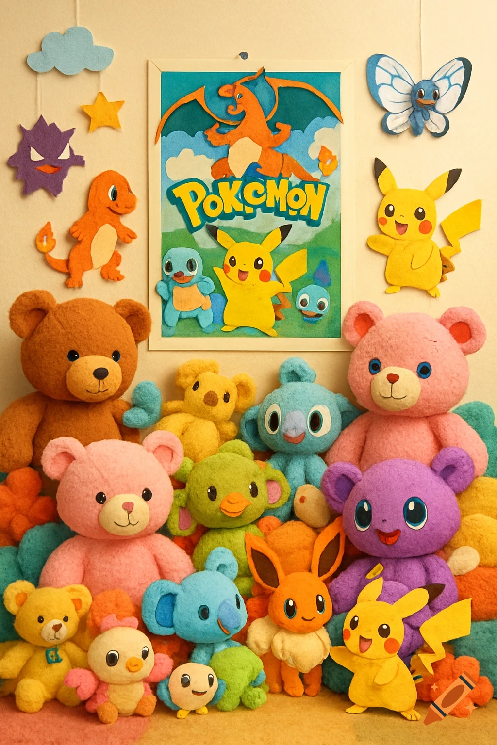 Colorful felt Pokemon characters and plush bears are arranged around a framed Pokemon poster on a wall, showcasing a crafted, playful scene.