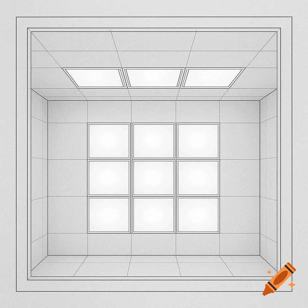 A top-down view of a schematic architectural drawing of a room with a grid of nine illuminated square panels on one wall and three rectangular lights on the ceiling.