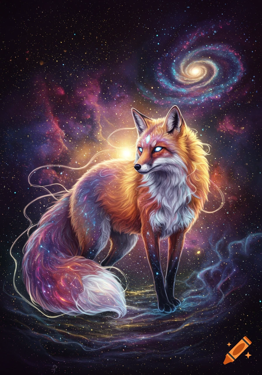 A majestic fox with glowing blue eyes and fur resembling a galaxy, standing in a vibrant, star-filled cosmic setting with a spiral nebula.