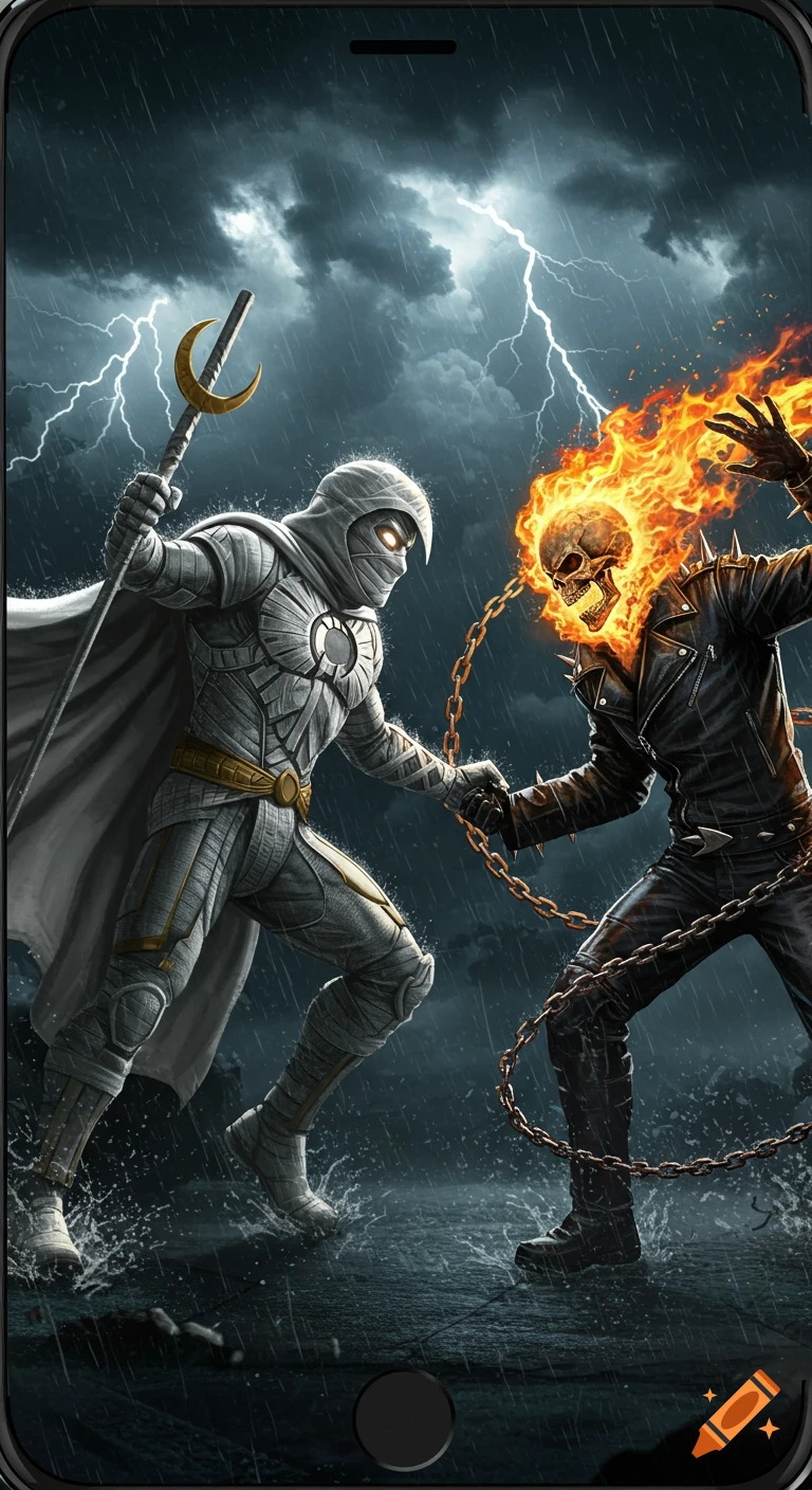 Moon Knight and Ghost Rider battle fiercely in the rain, surrounded by lightning.