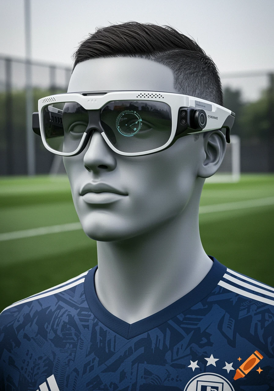 Close-up of a mannequin wearing white and black futuristic smart glasses with a blue soccer jersey on a blurred soccer field background.