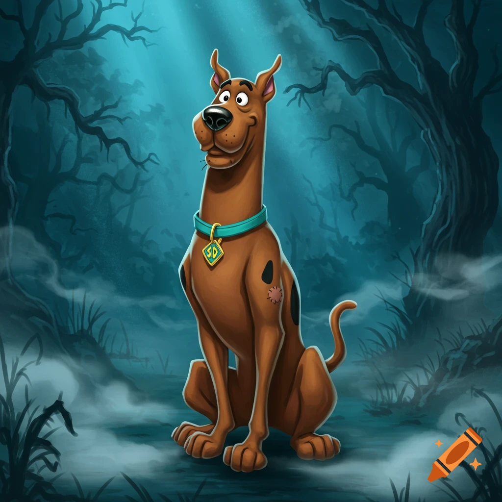 Scooby Doo, a brown cartoon dog with a teal collar and SD tag, sits in a spooky, mist-filled forest with bare trees.