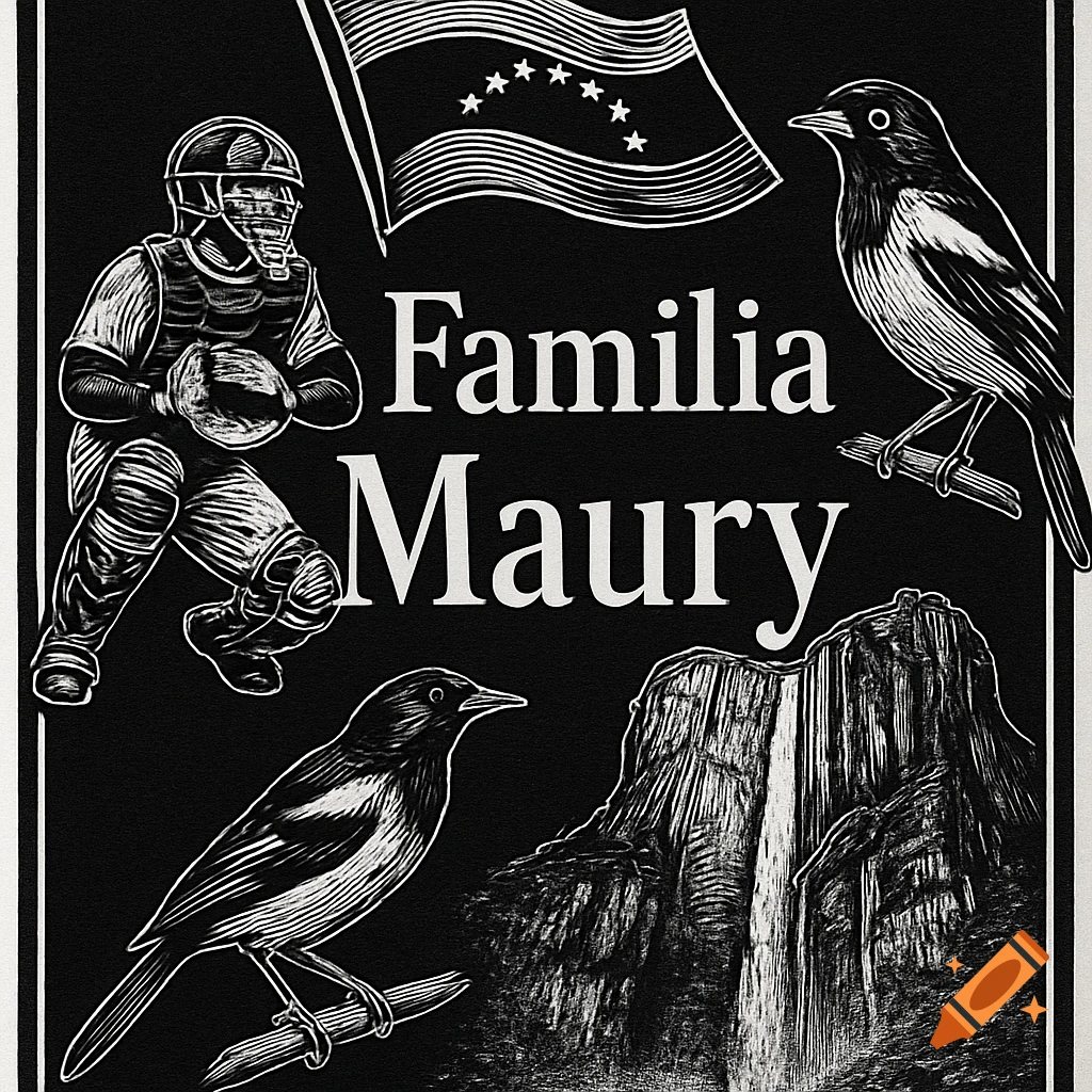 Black and white engraving style illustration featuring a baseball catcher, two birds, a Venezuelan flag, Angel Falls, and the text 'Familia Maury'.