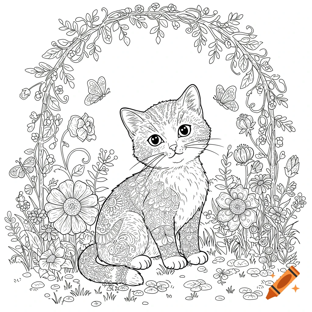 A line art coloring page of a cute kitten sitting in a field of flowers and vines under an archway.