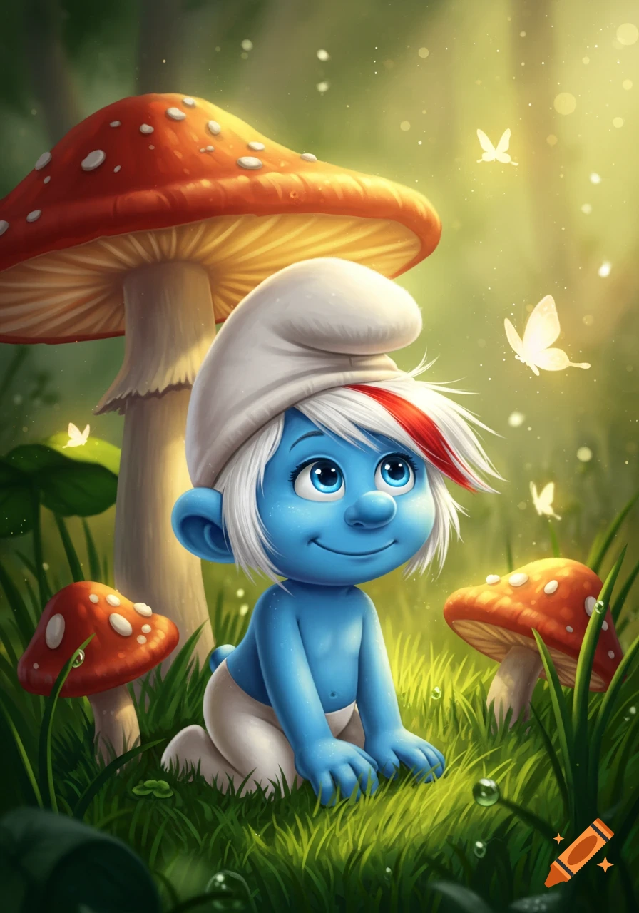 A cute baby Smurf with white hair and a red streak kneels in a vibrant, enchanted forest with glowing butterflies and red mushrooms.