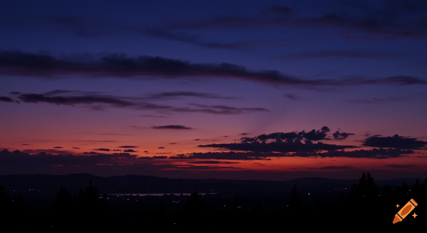 A beautiful sunset over a dark landscape, featuring a sky gradient from deep blue to purple and vibrant red, with silhouetted hills and distant lights.
