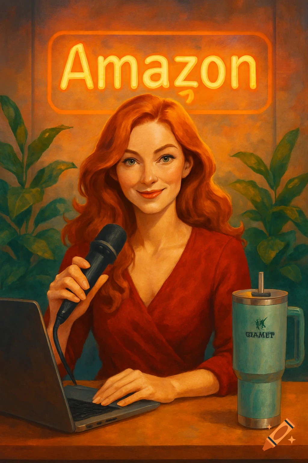 A smiling red-haired woman with green eyes sits at a desk with a laptop and a microphone, next to a teal Stanley-like mug. A neon sign reading 'Amazon' is behind her, along with green plants.