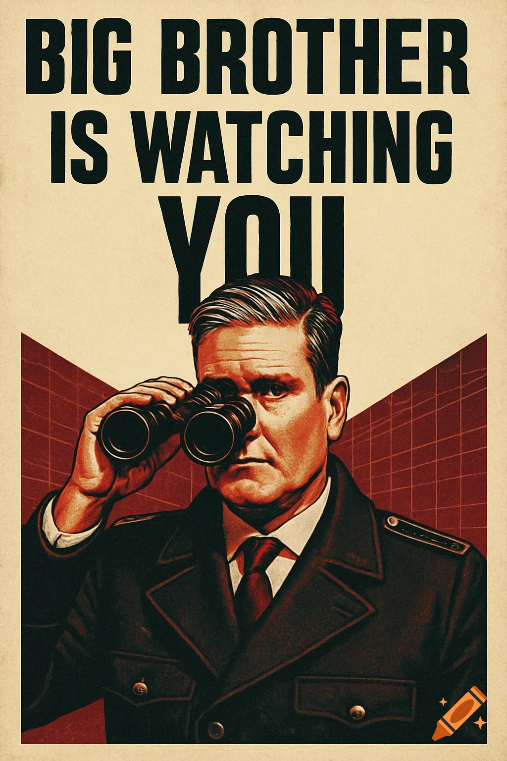 A vintage propaganda poster featuring a stern man in uniform looking through binoculars, with the bold text 'BIG BROTHER IS WATCHING YOU' above him.