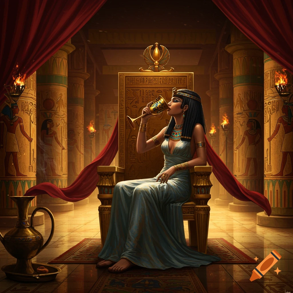 An Egyptian queen in a blue dress sits on a golden throne in a lavish palace, drinking from a goblet.