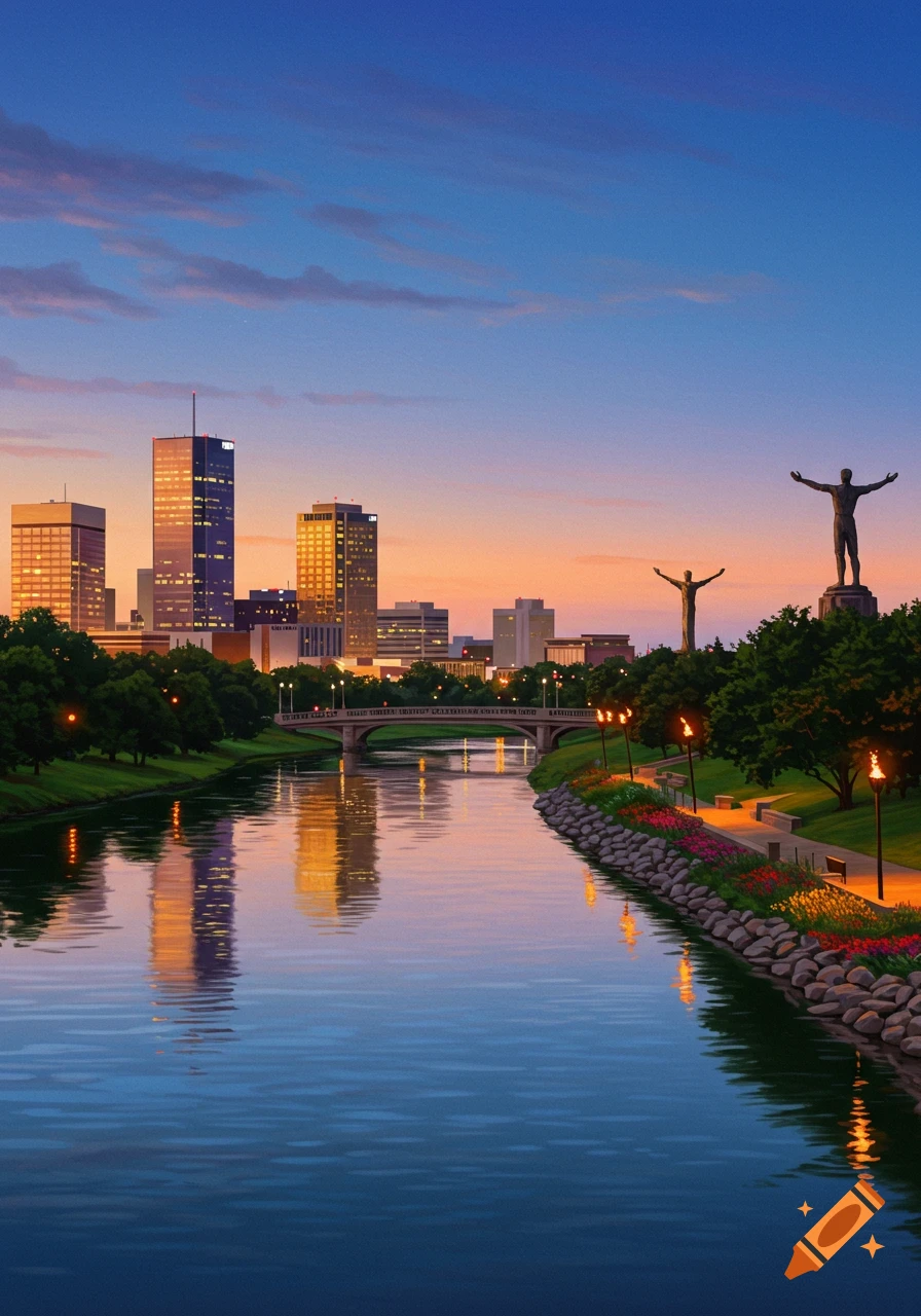 A vibrant city skyline at sunset, with a river reflecting buildings, flanked by green parks, statues, and a bridge.