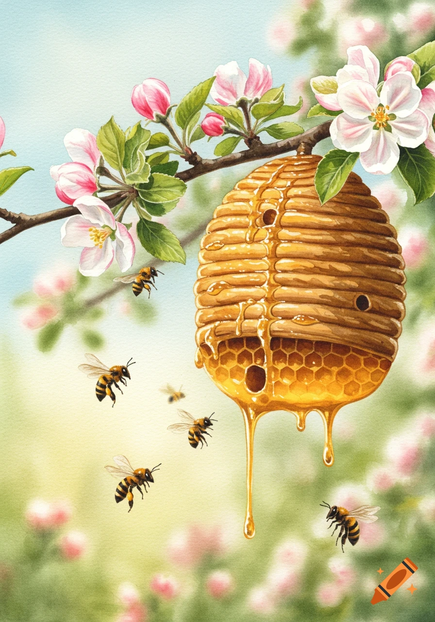 A watercolor illustration of a beehive dripping honey, hanging from a blossoming tree branch with bees flying around.