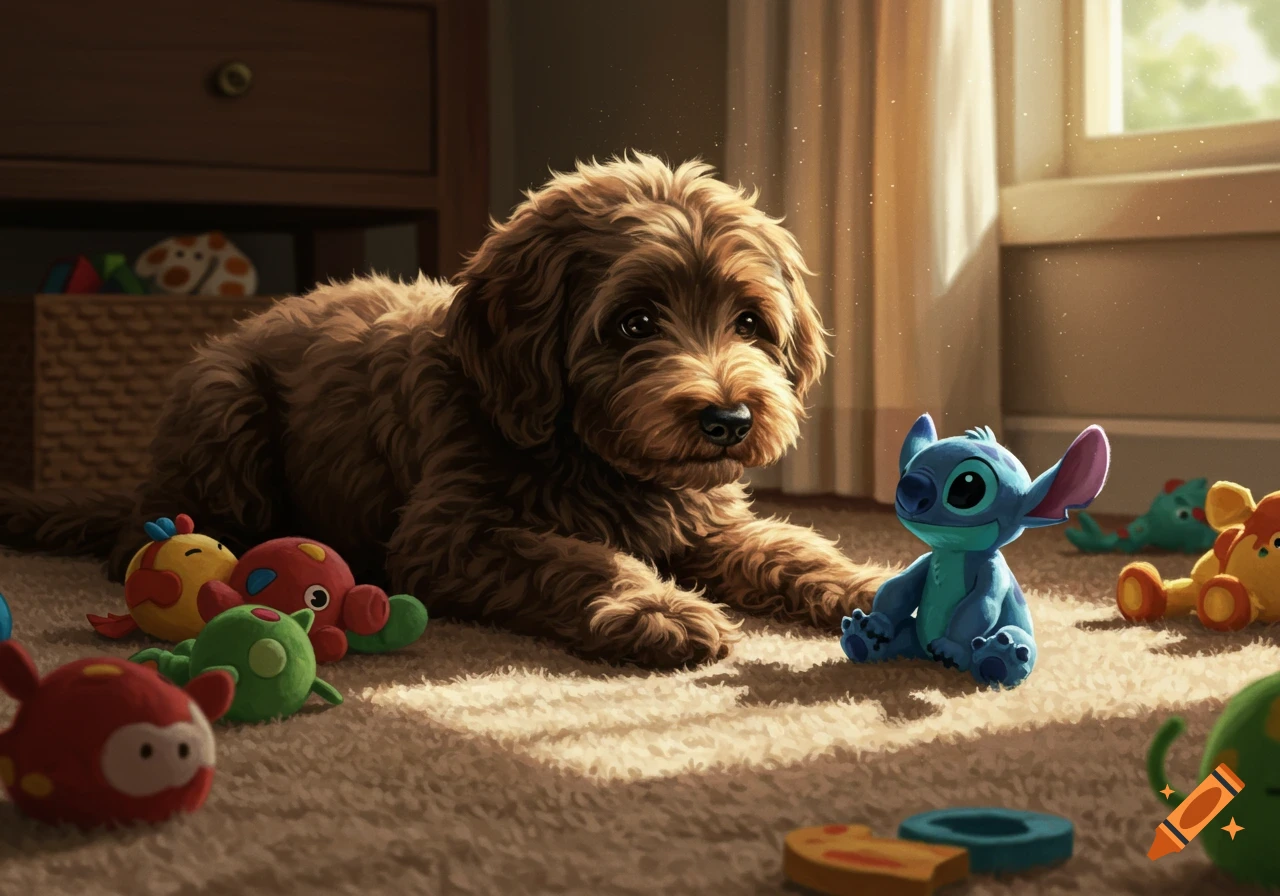 A dark brown goldendoodle puppy lies on a sunlit carpet, surrounded by colorful toys, including a blue Stitch.