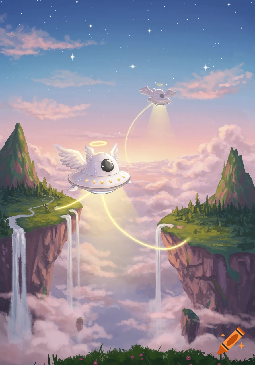 Two cute angelic UFOs fly between floating islands with waterfalls under a starry, cloudy sunset sky, connected by golden beams.