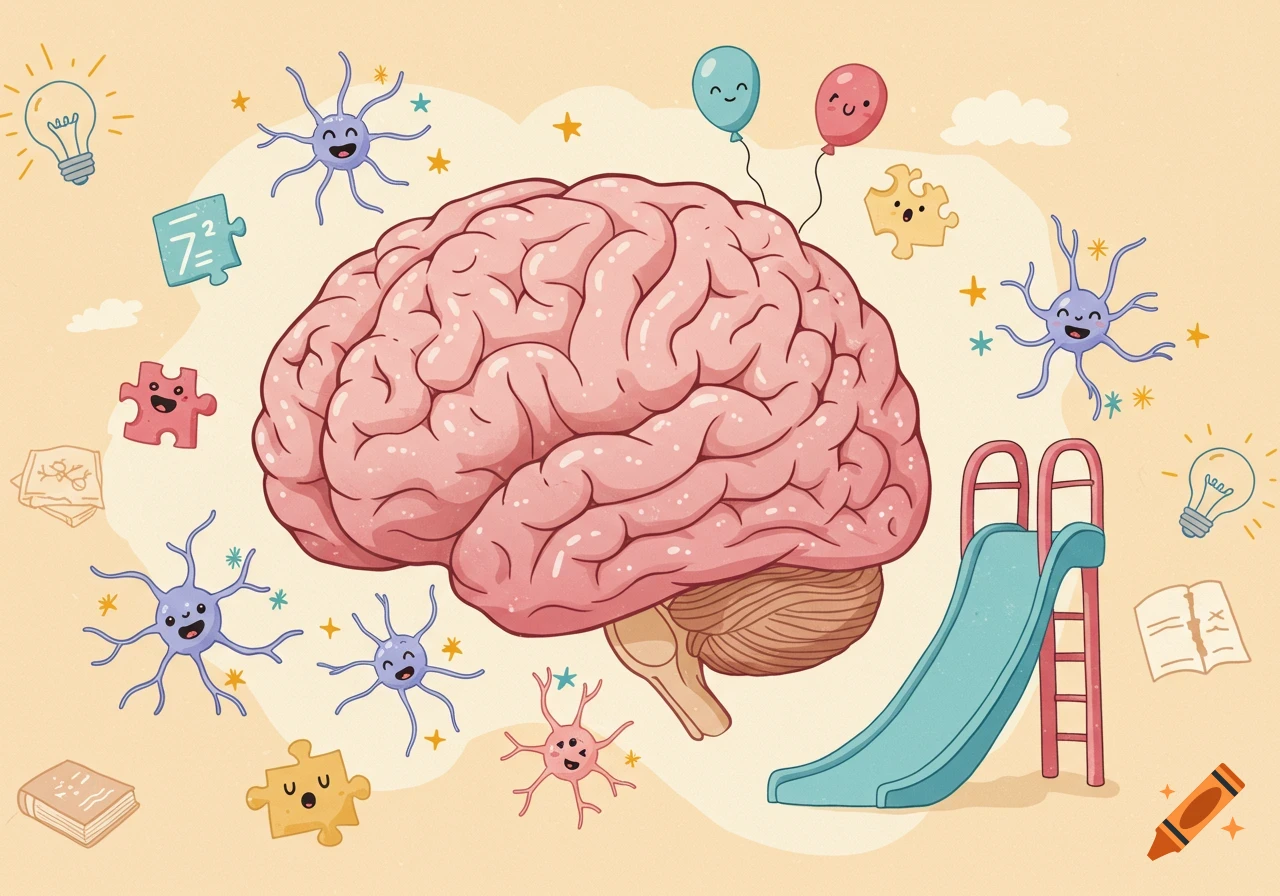 Cartoon illustration of a pink brain surrounded by smiling neurons, light bulbs, puzzle pieces, balloons, books, and a playground slide on a light background.