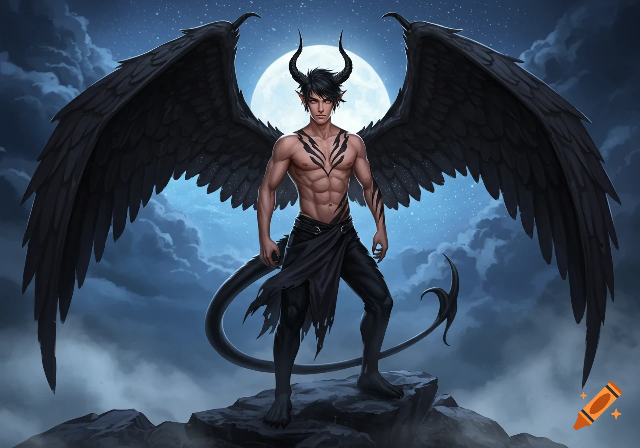 Muscular male fantasy character with black horns, wings, and a tail stands on rocks under a full moon.
