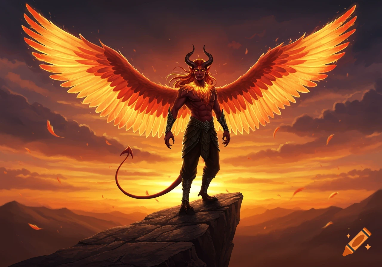 A red-skinned, horned creature with large, glowing orange wings stands majestically on a rocky peak against a vibrant sunset sky.