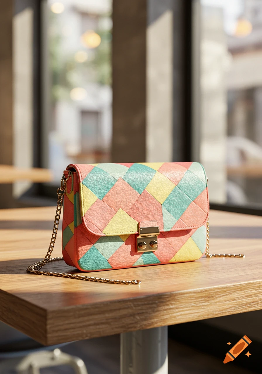 A colorful geometric pattern crossbody purse with a chain strap rests on a wooden table in a sunlit indoor setting.