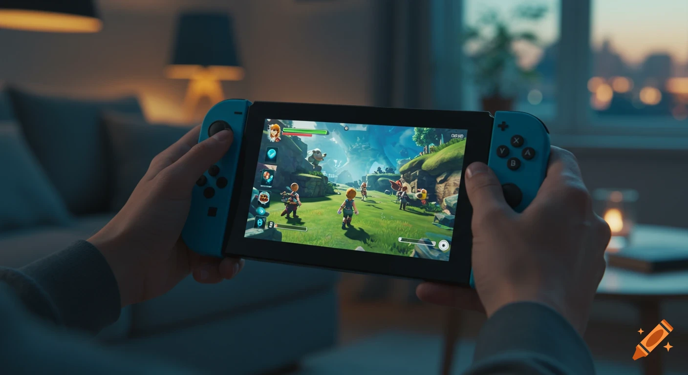 Close-up of hands holding a Nintendo Switch console and playing a colorful video game in a dimly lit living room.