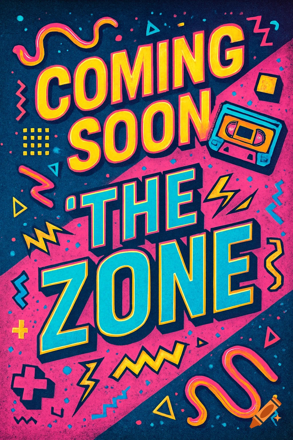 A vibrant 90s-inspired flyer with 'COMING SOON THE ZONE' in bold, colorful text, surrounded by geometric shapes and a cassette tape on a dark and pink background.